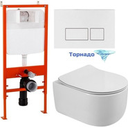 Инсталляция с подвесным унитазом комплект: BelBagno BB026/BB042BL с подвесным безободковым унитазом Soft-Tor BB084CH-TOR сиденье микролифт, крепление, кнопка смыва белая фото 