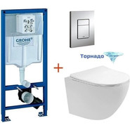 Инсталляция с подвесным унитазом комплект: Grohe Rapid SL 38772001 с подвесным безободковым унитазом Aquatek Европа AQ1900T-00 сиденье микролифт, крепление, кнопка смыва хром (Система смыва торнадо), Цвет производителя: белый фото 