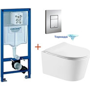 Инсталляция с подвесным унитазом комплект: Grohe Rapid SL 38772001 с подвесным безободковым унитазом Aquatek Оберон AQ1365T-00 сиденье микролифт, крепление, кнопка смыва хром (Система смыва торнадо) фото 