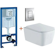 Инсталляция с подвесным унитазом комплект: Grohe Rapid SL 38772001 с подвесным безободковым унитазом Aquatek Либра AQ1148N-00 сиденье микролифт, крепление, кнопка смыва хром фото 