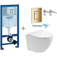 Инсталляция с подвесным унитазом комплект: Grohe Rapid SL 38772001+38732GL0 с подвесным безободковым унитазом Aquatek Европа AQ1900T-00 сиденье микролифт, крепление, кнопка смыва золото глянцевое (система смыва Торнадо), Цвет производителя: золото глянцевое фото 