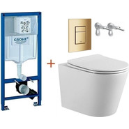 Инсталляция с подвесным унитазом комплект:  Grohe Rapid SL с подвесным безободковым унитазом Aquatek Вега AQ1904-00 сиденье микролифт, крепление, кнопка смыва золото глянцевое, Цвет производителя: золото глянцевое фото 