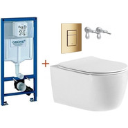 Инсталляция с подвесным унитазом комплект:  Grohe Rapid SL с подвесным безободковым унитазом Aquatek Европа AQ1106-00 сиденье микролифт, крепление, кнопка смыва золото глянцевое, Цвет производителя: золото глянцевое фото 