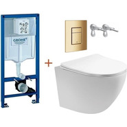 Инсталляция с подвесным унитазом комплект:  Grohe Rapid SL с подвесным безободковым унитазом Aquatek Европа AQ1900-00 сиденье микролифт, крепление, кнопка смыва золото глянцевое, Цвет производителя: золото глянцевое фото 