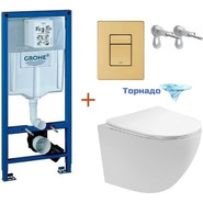 Инсталляция с подвесным унитазом комплект: Grohe Rapid SL 38772001+38732GN0 с подвесным безободковым унитазом Aquatek Европа AQ1900T-00 сиденье микролифт, крепление, кнопка смыва золото матовое (Система смыва торнадо), Цвет производителя: золото матовое фото 