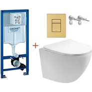 Инсталляция с подвесным унитазом комплект:  Grohe Rapid SL с подвесным безободковым унитазом Aquatek Европа AQ1900-00 сиденье микролифт, крепление, кнопка смыва золото матовое, Цвет производителя: золото матовое фото 