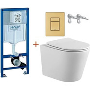 Инсталляция с подвесным унитазом комплект:  Grohe Rapid SL с подвесным безободковым унитазом Aquatek Вега AQ1904-00 сиденье микролифт, крепление, кнопка смыва золото матовое, Цвет производителя: золото матовое фото 