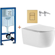 Инсталляция с подвесным унитазом комплект:  Grohe Rapid SL с подвесным безободковым унитазом Aquatek Европа AQ1106-00 сиденье микролифт, крепление, кнопка смыва золото матовое, Цвет производителя: золото матовое фото 