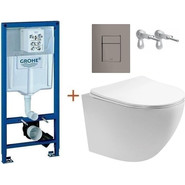 Инсталляция с подвесным унитазом комплект:  Grohe Rapid SL с подвесным безободковым унитазом Aquatek Европа AQ1900-00 сиденье микролифт, крепление, кнопка смыва графит глянцевый, Цвет производителя: графит глянцевый фото 