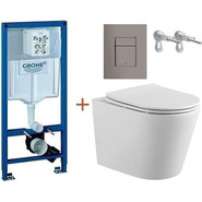 Инсталляция с подвесным унитазом комплект:  Grohe Rapid SL с подвесным безободковым унитазом Aquatek Вега AQ1904-00 сиденье микролифт, крепление, кнопка смыва графит глянцевый, Цвет производителя: графит глянцевый фото 