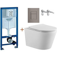 Инсталляция с подвесным унитазом комплект:  Grohe Rapid SL с подвесным безободковым унитазом Aquatek Вега AQ1905-00 сиденье микролифт, крепление, кнопка смыва графит глянцевый, Цвет производителя: графит глянцевый фото 