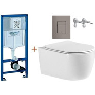 Инсталляция с подвесным унитазом комплект:  Grohe Rapid SL с подвесным безободковым унитазом Aquatek Европа AQ1106-00 сиденье микролифт, крепление, кнопка смыва графит глянцевый, Цвет производителя: графит глянцевый фото 