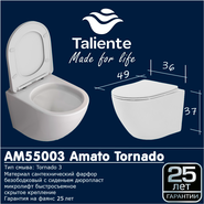 Унитаз подвесной безободковый Taliente Amato Tornado 3 AM55003 с крышкой микролифт (система смыва Торнадо) фото 