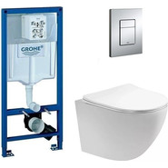 Инсталляция с подвесным унитазом комплект: Grohe Rapid SL 38772001 с подвесным безободковым унитазом Aquatek Европа AQ1900-00 сиденье микролифт, крепление, кнопка смыва хром, Цвет производителя: белый фото 