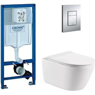 Инсталляция с подвесным унитазом комплект: Grohe Rapid SL 38772001 с подвесным безободковым унитазом Aquatek Оберон AQ1363W-00 сиденье микролифт, крепление, кнопка смыва хром фото 