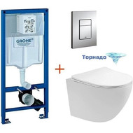 Инсталляция с подвесным унитазом комплект: Grohe Rapid SL 38772001 с подвесным безободковым унитазом Aquatek Европа AQ1900T-00 сиденье микролифт, крепление, кнопка смыва хром (Система смыва торнадо), Цвет производителя: белый фото 