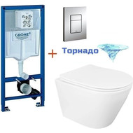 Инсталляция с подвесным унитазом комплект: Grohe Rapid SL 38772001 с подвесным безободковым унитазом Loranto Krosa 87266 сиденье микролифт, крепление, кнопка смыва хром (Система смыва торнадо) фото 