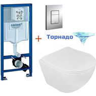 Инсталляция с подвесным унитазом комплект: Grohe Rapid SL 38772001 с подвесным безободковым унитазом Loranto Ester 87265 сиденье микролифт, крепление, кнопка смыва хром (Система смыва торнадо), Цвет производителя: белый фото 