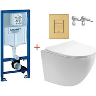 Инсталляция с подвесным унитазом комплект:  Grohe Rapid SL с подвесным безободковым унитазом Aquatek Европа AQ1900-00 сиденье микролифт, крепление, кнопка смыва золото матовое, Цвет производителя: золото матовое фото 