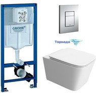 Инсталляция с подвесным унитазом комплект: Grohe Rapid SL 38772001 с подвесным безободковым унитазом BelBagno Due-Tor BB5171CH-TOR/SC сиденье микролифт, крепление, кнопка смыва хром (Система смыва торнадо) фото 