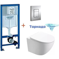 Инсталляция с подвесным унитазом комплект: Grohe Rapid SL 38772001 с подвесным безободковым унитазом Azario Trevi AZ-0093UQ3 TORNADO сиденье микролифт, крепление, кнопка смыва хром фото 