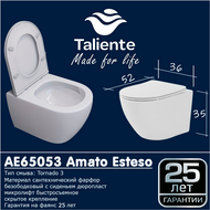 Унитаз подвесной безободковый Taliente Amato Esteso T3 AE65053 с крышкой микролифт (система смыва Торнадо) фото 