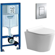 Инсталляция с подвесным унитазом комплект: Grohe Rapid SL 38772001 с подвесным безободковым унитазом Azario Nova AZ2217 сиденье микролифт, крепление, кнопка смыва хром фото 