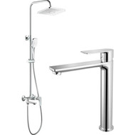 Душевой комплект Haiba: Душевая стойка HB24505 + смеситель для раковины высокий HB11505, цвет хром фото 