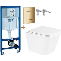 Инсталляция с подвесным унитазом комплект: Grohe Rapid SL с подвесным безободковым унитазом BelBagno Due BB3103CHR/SC сиденье микролифт, крепление, кнопка смыва золото глянцевое, Цвет производителя: золото глянцевое фото 