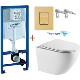 Инсталляция с подвесным унитазом комплект: Grohe Rapid SL с подвесным безободковым унитазом Azario Grado AZ-0046-UQ сиденье микролифт, крепление, кнопка смыва золото матовое, Цвет производителя: золото матовое фото 