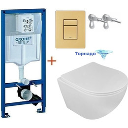 Инсталляция с подвесным унитазом комплект: Grohe Rapid SL 38772001+38732GN0 с подвесным безободковым унитазом Loranto Ester 87265 сиденье микролифт, крепление, кнопка смыва золото матовое, Цвет производителя: золото матовое фото 