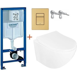 Инсталляция с подвесным унитазом комплект: Grohe Rapid SL с подвесным безободковым унитазом Azario Pro CS-1049SB сиденье микролифт, крепление, кнопка смыва золото матовое, Цвет производителя: золото матовое фото 