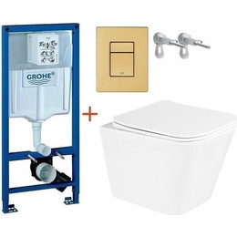 Инсталляция с подвесным унитазом комплект: Grohe Rapid SL с подвесным безободковым унитазом BelBagno Due BB3103CHR/SC сиденье микролифт, крепление, кнопка смыва золото матовое, Цвет производителя: золото матовое фото 