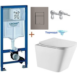 Инсталляция с подвесным унитазом комплект: Grohe Rapid SL с подвесным безободковым унитазом Azario Teramo AZ-0052-UQ сиденье микролифт, крепление, кнопка смыва графит, Цвет производителя: графит фото 