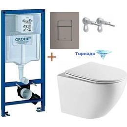 Инсталляция с подвесным унитазом комплект: Grohe Rapid SL с подвесным безободковым унитазом Azario Grado AZ-0046-UQ сиденье микролифт, крепление, кнопка смыва графит, Цвет производителя: графит фото 