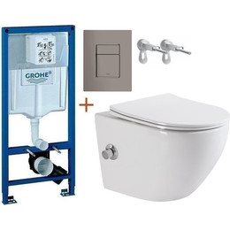 Инсталляция с подвесным унитазом комплект: Grohe Rapid SL с подвесным безободковым унитазом-биде BelBagno Uno BB3105CHR-BS/SC сиденье микролифт, крепление, кнопка смыва графит, Цвет производителя: графит фото 