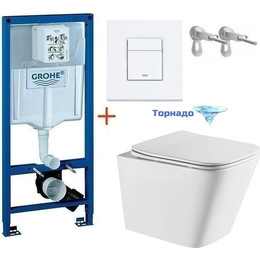 Инсталляция с подвесным унитазом комплект: Grohe Rapid SL с подвесным безободковым унитазом Azario Teramo AZ-0052-UQ сиденье микролифт, крепление, кнопка смыва белый матовый, Цвет производителя: белый матовый фото 