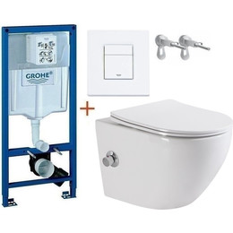 Инсталляция с подвесным унитазом комплект: Grohe Rapid SL с подвесным безободковым унитазом-биде BelBagno Uno BB3105CHR-BS/SC сиденье микролифт, крепление, кнопка смыва белый матовый, Цвет производителя: белый матовый фото 