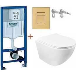 Инсталляция с подвесным унитазом комплект: Grohe Rapid SL с подвесным безободковым унитазом Azario Grado AZ-0046 SP сиденье микролифт, крепление, кнопка смыва золото матовое, Цвет производителя: золото матовое фото 