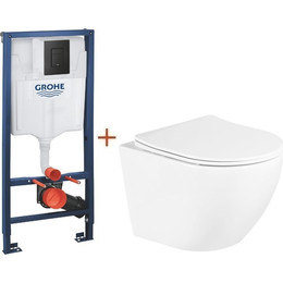 Инсталляция с подвесным унитазом комплект: Grohe Solido 38811KF0 с подвесным безободковым унитазом BelBagno Uno BB3105CHR/SC сиденье микролифт, крепление, кнопка смыва чёрная матовая, Цвет производителя: чёрный матовый фото 