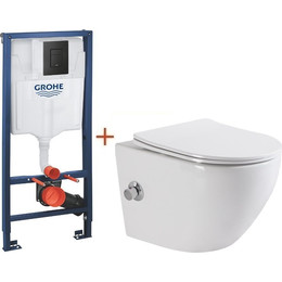 Инсталляция с подвесным унитазом комплект: Grohe Solido 38811KF0 с подвесным безободковым унитазом-биде BelBagno Uno BB3105CHR-BS/SC сиденье микролифт, крепление, кнопка смыва чёрная матовая, Цвет производителя: чёрный матовый фото 