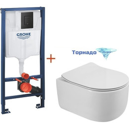 Инсталляция с подвесным унитазом комплект: Grohe Solido 38811KF0 с подвесным безободковым унитазом BelBagno Soft-Tor BB084CH-TOR+BB2111SC сиденье микролифт, крепление, кнопка смыва чёрная матовая, Цвет производителя: чёрный матовый фото 