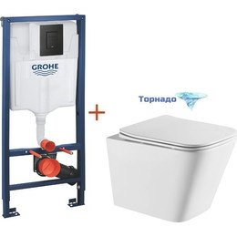 Инсталляция с подвесным унитазом комплект: Grohe Solido 38811KF0 с подвесным безободковым унитазом Azario Teramo AZ-0052-UQ сиденье микролифт, крепление, кнопка смыва чёрная матовая, Цвет производителя: чёрный матовый фото 