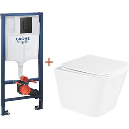 Инсталляция с подвесным унитазом комплект: Grohe Solido 38811KF0 с подвесным безободковым унитазом BelBagno Due BB3103CHR/SC сиденье микролифт, крепление, кнопка смыва чёрная матовая, Цвет производителя: чёрный матовый фото 