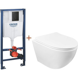 Инсталляция с подвесным унитазом комплект: Grohe Solido 38811KF0 с подвесным безободковым унитазом Azario Gloria AZ-2003 сиденье микролифт, крепление, кнопка смыва чёрная матовая, Цвет производителя: чёрный матовый фото 