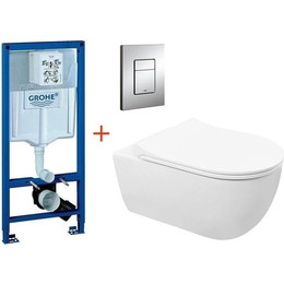 Инсталляция с подвесным унитазом комплект: Grohe Rapid SL 38772001 с подвесным безободковым унитазом Azario Ferio 87565 сиденье микролифт, крепление, кнопка смыва хром фото 