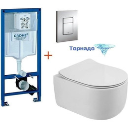 Инсталляция с подвесным унитазом комплект: Grohe Rapid SL 38772001 с подвесным безободковым унитазом BelBagno Soft-Tor BB084CH-TOR сиденье микролифт, крепление, кнопка смыва хром, Цвет производителя: белый фото 