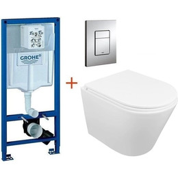 Инсталляция с подвесным унитазом комплект: Grohe Rapid SL 38772001 с подвесным безободковым унитазом Azario Teramo AZ-0053-UQ3 сиденье микролифт, крепление, кнопка смыва хром фото 