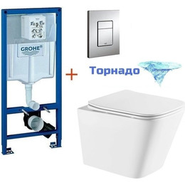 Инсталляция с подвесным унитазом комплект: Grohe Rapid SL 38772001 с подвесным безободковым унитазом Azario Teramo AZ-0052-UQ сиденье микролифт, крепление, кнопка смыва хром (Система смыва торнадо), Цвет производителя: белый фото 