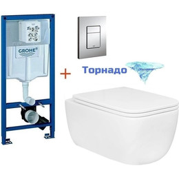 Инсталляция с подвесным унитазом комплект: Grohe Rapid SL 38772001 с подвесным безободковым унитазом Azario Flavia AZ-0076-UQ1 сиденье микролифт, крепление, кнопка смыва хром (Система смыва торнадо) фото 